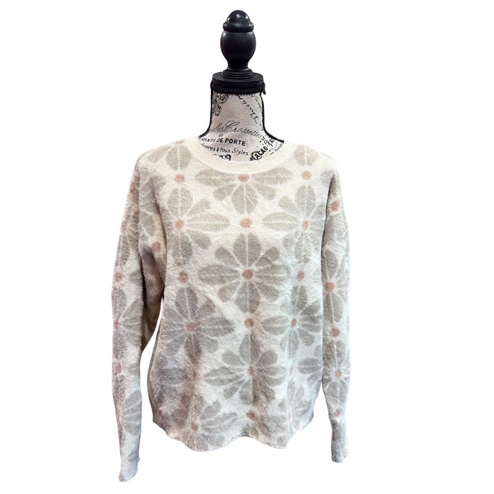 Rachel Zoe Womens Large Fuzzy Eyelash‎ Knit Floral Pullover Sweater Beige Pink